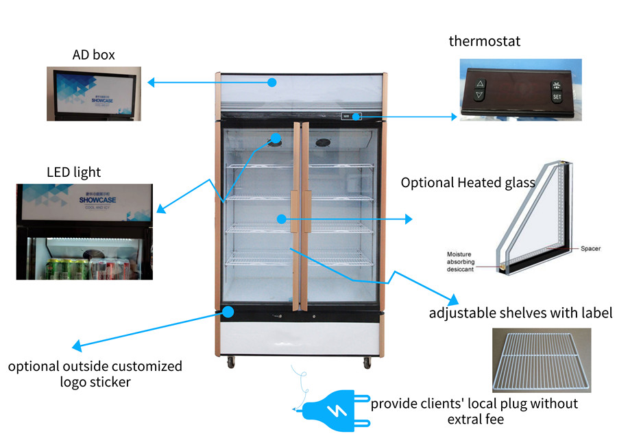 Venta caliente Fan Cooling escaparate vertical de 2 puertas con luz LED